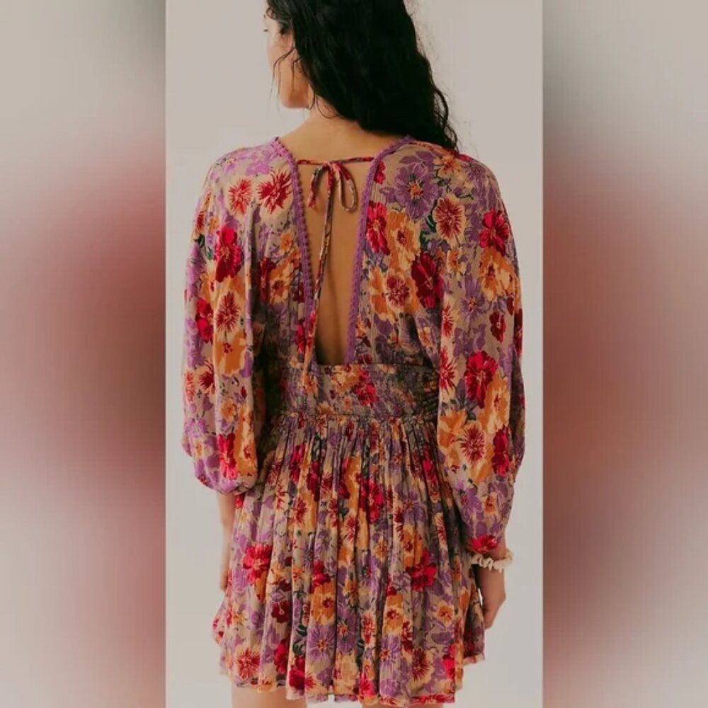 Free People Sweet Dreams Mini Dress Deep V Babydoll Boho Swing Floral Lace M - Picture 5 of 9